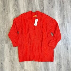 One A Women Long Sleeve Open Front Orange Cardigan